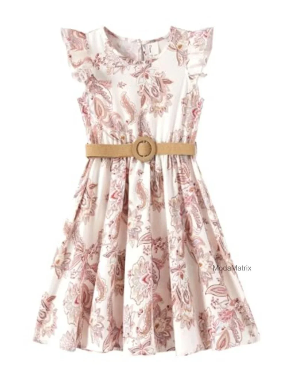 Boho Floral Swing Dress Ruffle Sleeve Braided Belt A-Line Twirl Dress